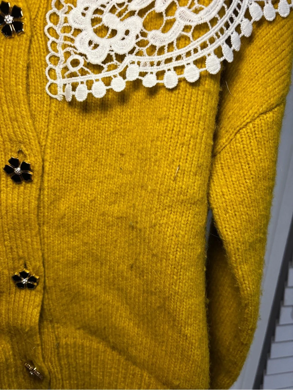 RARE Anthropologie Maeve Mustard Yellow Lace Collar Cardigan Sweater Size M